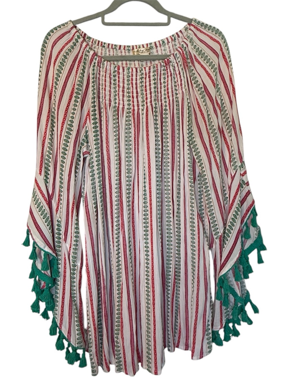 Studio West Women’s Red, Green & Cream Striped Tassel Sleeve Tunic